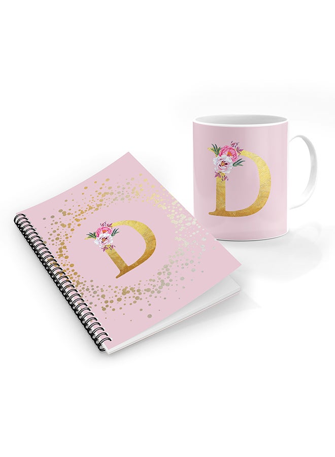 Stylizedd Printed Coffee Mug + A5 Spiral Notebook Memo Personalised Combo Gift Set Custom Monogram Initial Letter Floral Pattern Alphabet - D  (Pink ) 