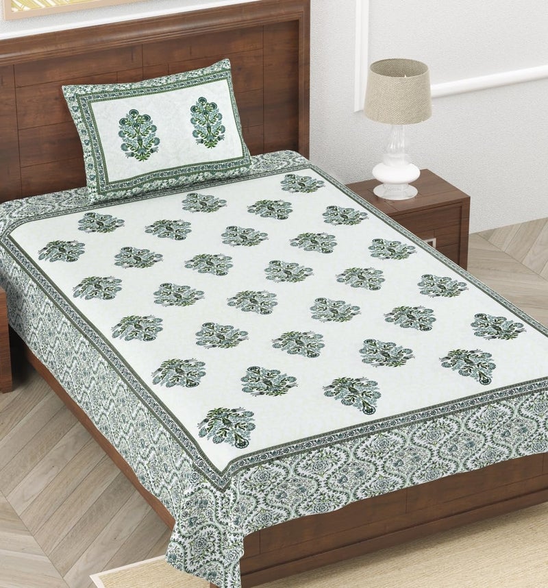 elanorhomes Pure Cotton Single Bed Sheet 240 TC 60x90 with Pillow Cover Breathable Soft Bedsheet Green Fulwari Print - Image 1