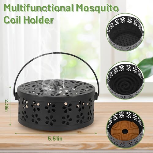 Whiidoom Portable Iron Mosquito Coil Holder with Handle Round Heat-Resistant Incense Holder (Black) - Image 2