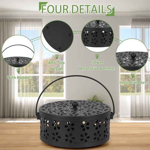 Whiidoom Portable Iron Mosquito Coil Holder with Handle Round Heat-Resistant Incense Holder (Black) - Image 4