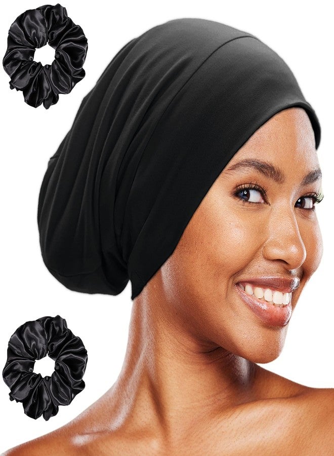 vidsel Sleep Cap Bonnet for Sleeping Black Women, Adjustable Cooling Ice Silk Lined Bonnet for Curly Braids Hair Cover Stay on All Night Cap Beanie Hat Black - Image 1
