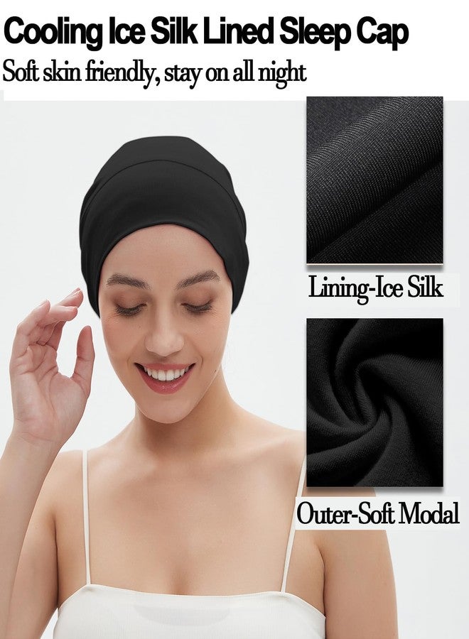 vidsel Sleep Cap Bonnet for Sleeping Black Women, Adjustable Cooling Ice Silk Lined Bonnet for Curly Braids Hair Cover Stay on All Night Cap Beanie Hat Black - Image 4