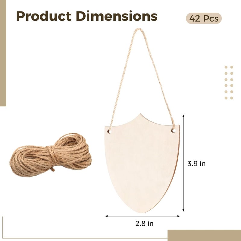 42 Pcs Wood Shield Bulk, 3.9 x 2.8 in / 10 x 7 cm, Unfinished Wooden Gift Tags with 42 Hemp Ropes, DIY Painting Decorate Cutout Crafts Set, Knight Party Favors - Image 4