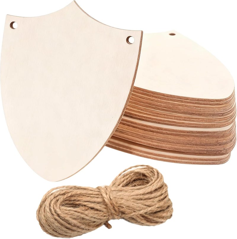 42 Pcs Wood Shield Bulk, 3.9 x 2.8 in / 10 x 7 cm, Unfinished Wooden Gift Tags with 42 Hemp Ropes, DIY Painting Decorate Cutout Crafts Set, Knight Party Favors - Image 1