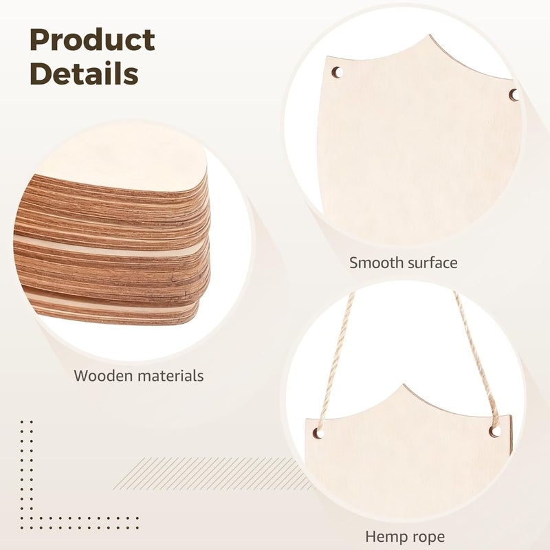 42 Pcs Wood Shield Bulk, 3.9 x 2.8 in / 10 x 7 cm, Unfinished Wooden Gift Tags with 42 Hemp Ropes, DIY Painting Decorate Cutout Crafts Set, Knight Party Favors - Image 2