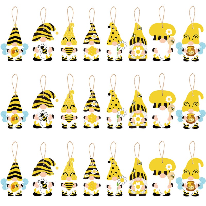 WATINC 25 Pack Bee Gnome Hanging Wooden Ornament Yellow Honeybee Gnome with Hat Wooden Pendant for Birthday Party Decor Summer Animals Themed Hanging Tag with Rope for Holiday Party Favor Supplies