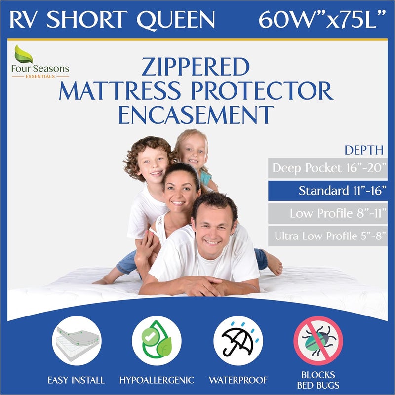 Four Seasons Essentials (RV Short Queen 150cm x 190cm ) - RV Short Queen Mattress Protector (150cm Wx 75"L) Bedbug Waterproof Zippered Encasement Hypoallergenic Premium Quality Cover Protects Against Dust Mites Allergens - Image 1