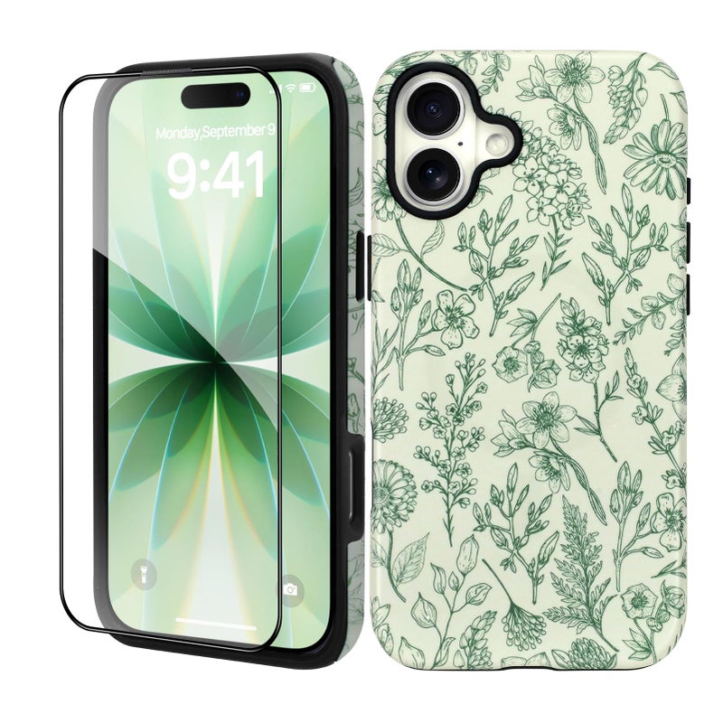 SOKAD Magnetic Sage Floral Phone Case for iPhone 17, Vintage Green Flower Pattern Compatible with Magsafe Matte Protective Case Cover with Screen Protector for Girls Women - Image 2