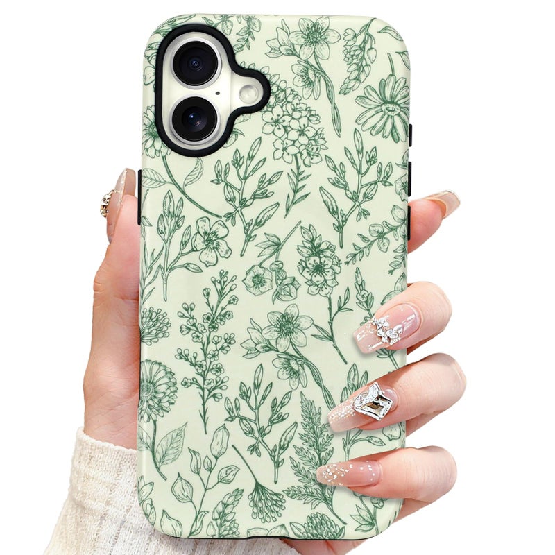 SOKAD Magnetic Sage Floral Phone Case for iPhone 17, Vintage Green Flower Pattern Compatible with Magsafe Matte Protective Case Cover with Screen Protector for Girls Women - Image 1