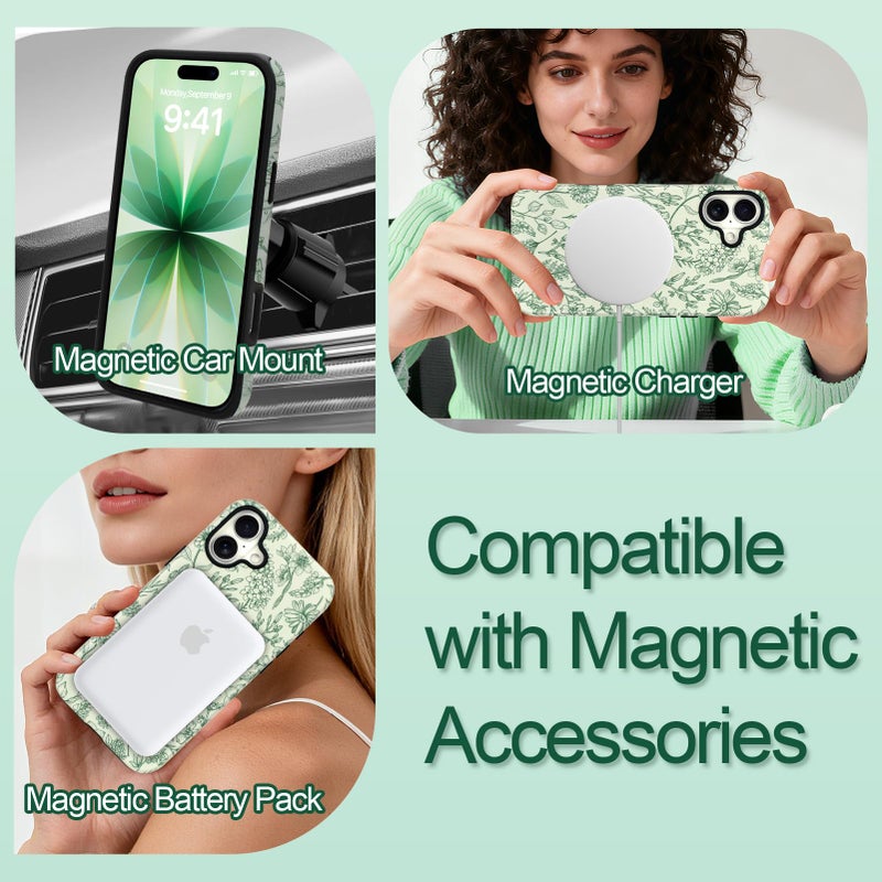 SOKAD Magnetic Sage Floral Phone Case for iPhone 17, Vintage Green Flower Pattern Compatible with Magsafe Matte Protective Case Cover with Screen Protector for Girls Women - Image 4