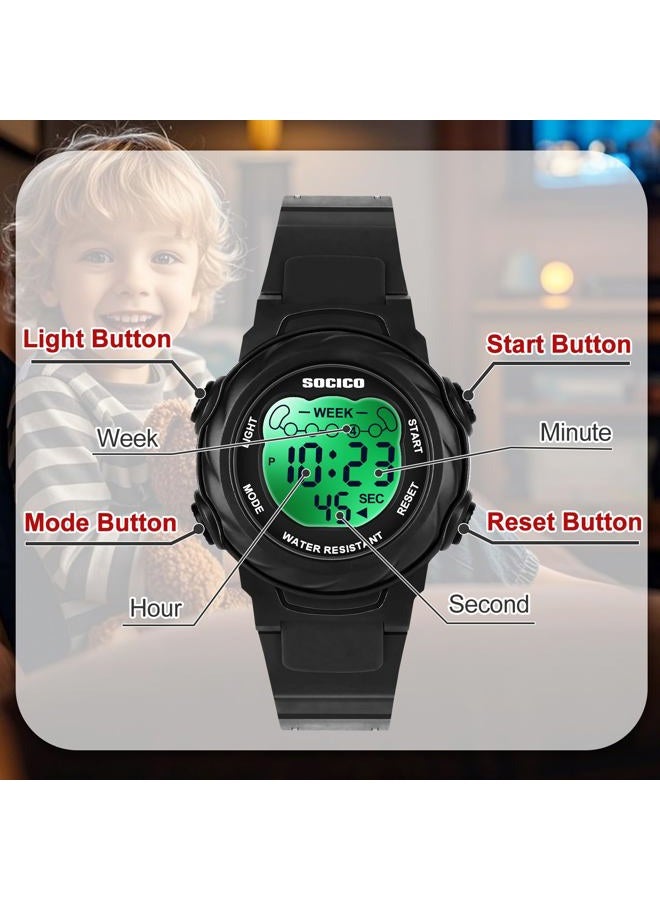 SOCICO Kids Digital Watches for Girls Boys, 7 Color Lights Waterproof Sport Outdoor Wristwatch with Stopwatch, Alarm, Date, Great Gift for Child Ages 5-12, Black, Sport - Image 4