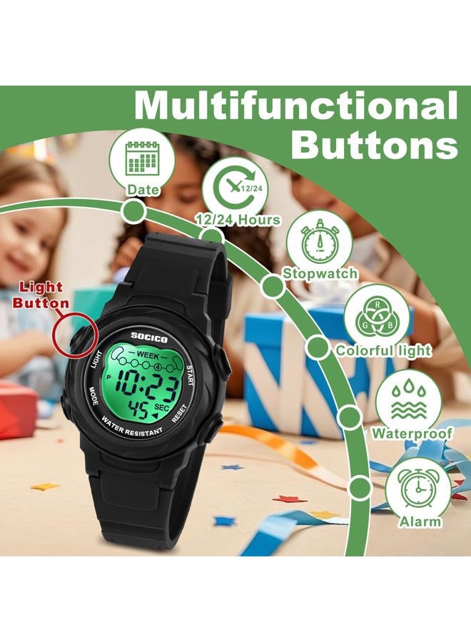 SOCICO Kids Digital Watches for Girls Boys, 7 Color Lights Waterproof Sport Outdoor Wristwatch with Stopwatch, Alarm, Date, Great Gift for Child Ages 5-12, Black, Sport - Image 2