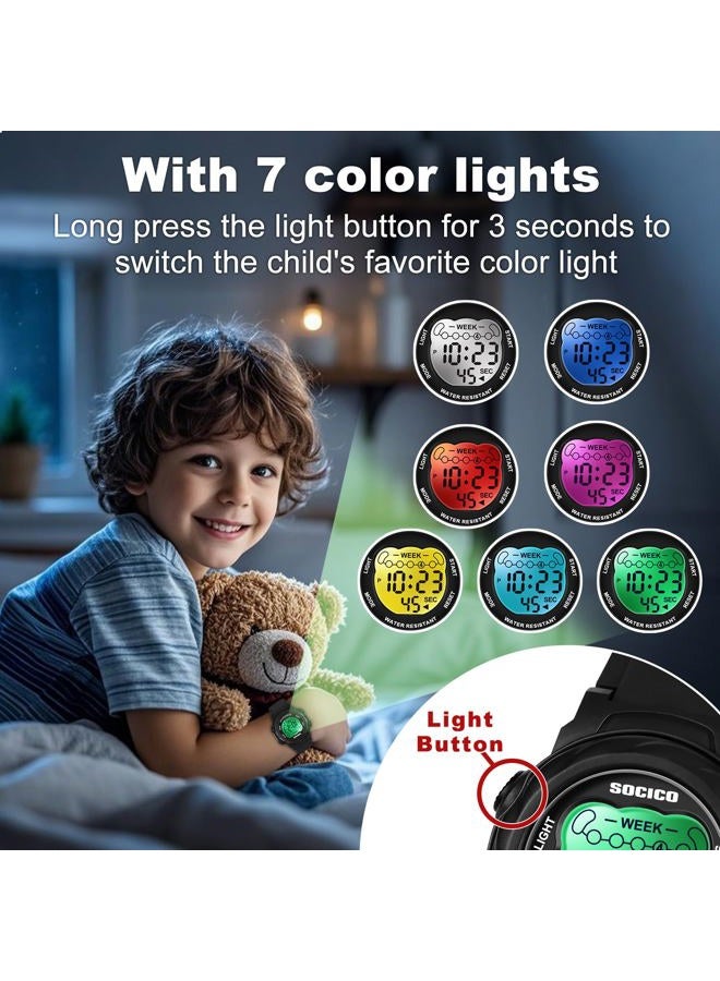 SOCICO Kids Digital Watches for Girls Boys, 7 Color Lights Waterproof Sport Outdoor Wristwatch with Stopwatch, Alarm, Date, Great Gift for Child Ages 5-12, Black, Sport - Image 3