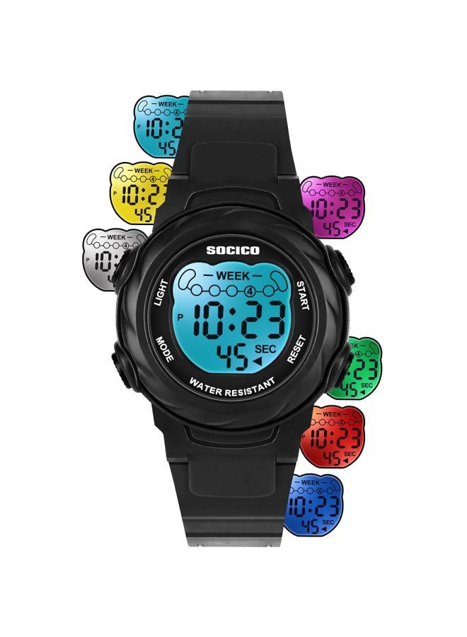 SOCICO Kids Digital Watches for Girls Boys, 7 Color Lights Waterproof Sport Outdoor Wristwatch with Stopwatch, Alarm, Date, Great Gift for Child Ages 5-12, Black, Sport - Image 1