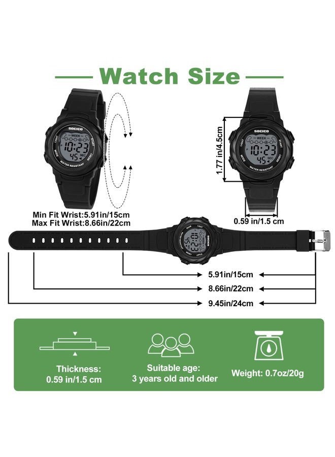 SOCICO Kids Digital Watches for Girls Boys, 7 Color Lights Waterproof Sport Outdoor Wristwatch with Stopwatch, Alarm, Date, Great Gift for Child Ages 5-12, Black, Sport - Image 5