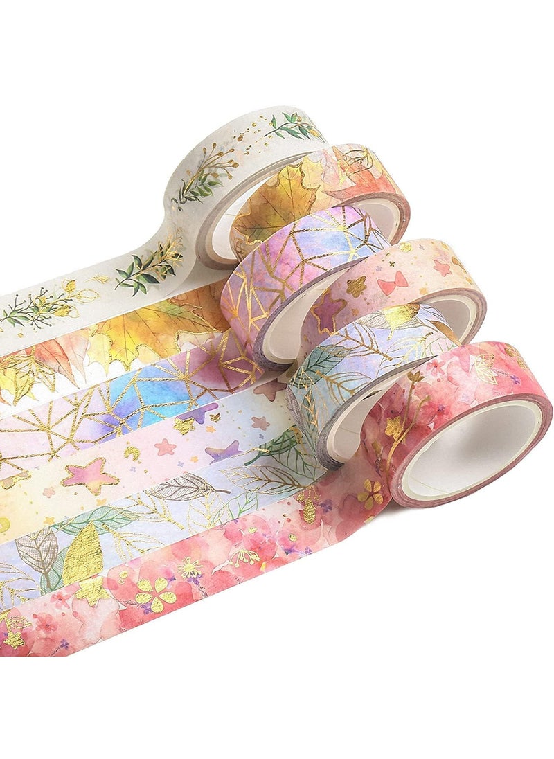 Foxelli FOXELLI Decorative Tape For Arts Diy Crafts Journal Supplies Planners Scrapbook Cardgift Wrapping 15mm Floral Gold Washi Tape Set 6 Rolls Gold Foil Masking  - Image 1