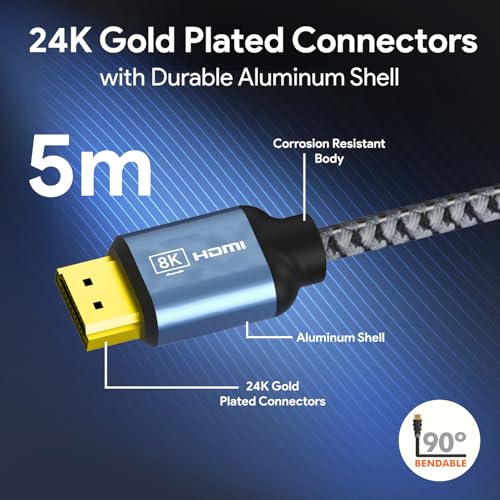 Amkette Ultra High Speed HDMI 2.1 Cable (5m/16.4ft) | 8K@60Hz, 4K@120Hz | 48Gbps | Certified with QR Code | eARC, HDR10+, VRR Support | Gold-Plated Connectors | Braided HDMI Cable for TV, PS5, Xbox - Image 5