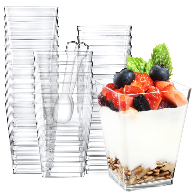 Eupako 100 Pack 5 oz Square Clear Plastic Dessert Cups with Spoons Small Tumbler Great for Desserts Appetizers Puddings Mousse Parfait