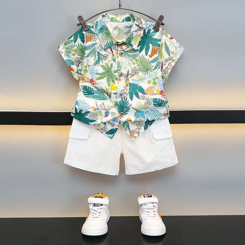 Boys Flower Shirt Summer Short-Sleeved Suit Children'S Summer Shirt Two-Piece Handsome Baby Beach Clothes - Image 2