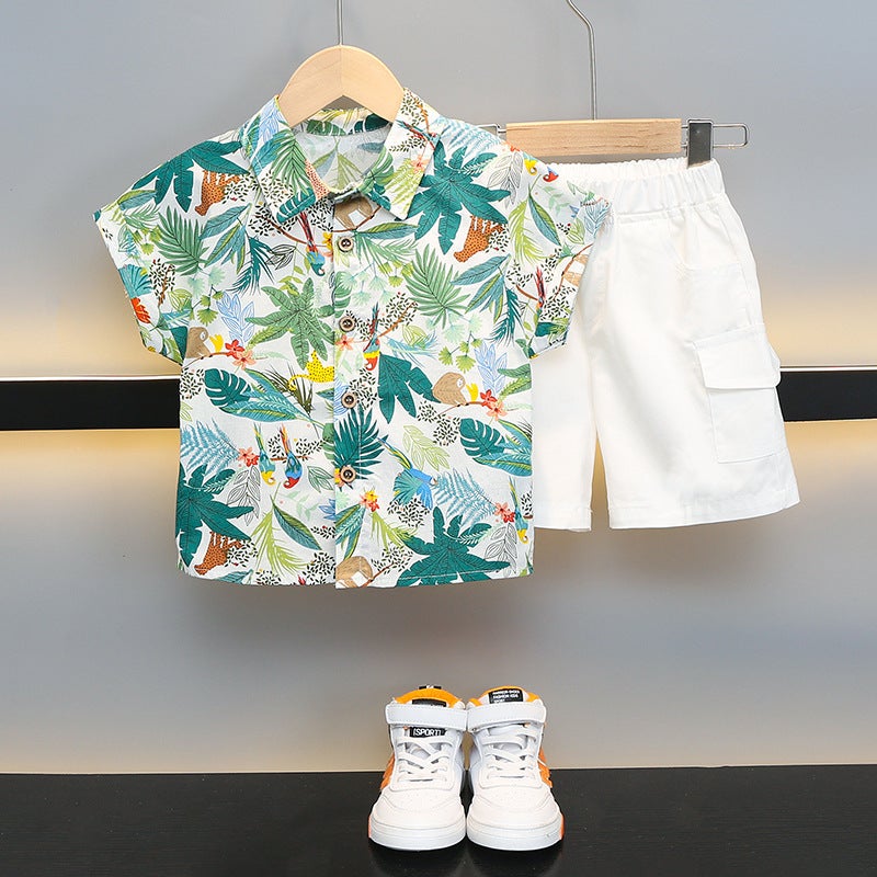 Boys Flower Shirt Summer Short-Sleeved Suit Children'S Summer Shirt Two-Piece Handsome Baby Beach Clothes - Image 4