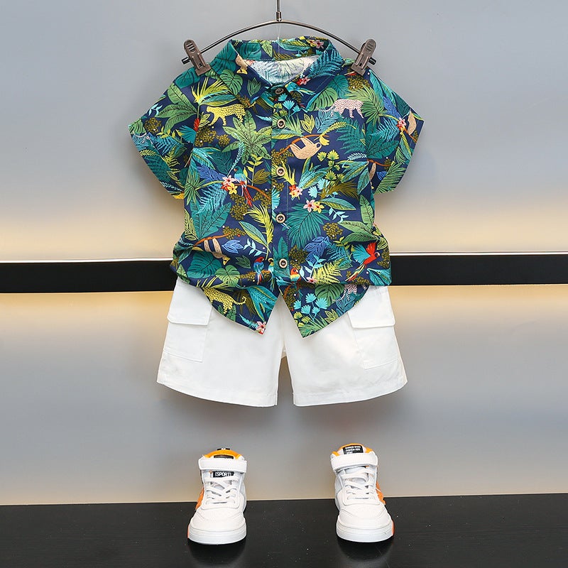 Boys Flower Shirt Summer Short-Sleeved Suit Children'S Summer Shirt Two-Piece Handsome Baby Beach Clothes - Image 1