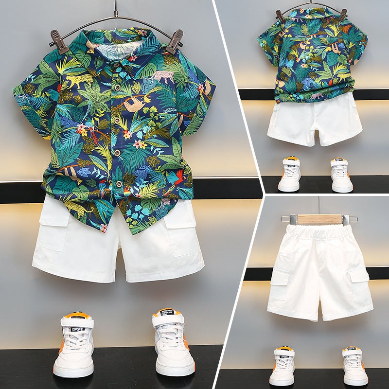 Boys Flower Shirt Summer Short-Sleeved Suit Children'S Summer Shirt Two-Piece Handsome Baby Beach Clothes - Image 3