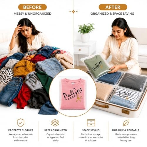 PulGos Premium Saree Covers Pack of 10 with Zip | Saree Storage Bags & Wardrobe Organiser | Transparent Clothes Storage Cover | Easy Visibility & Quick Access (35 x 35 cm) - Image 4