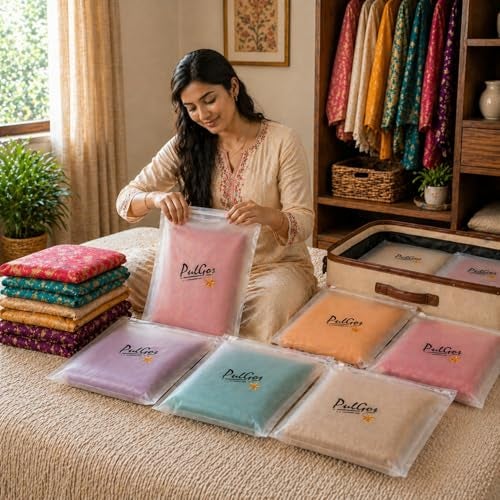 PulGos Premium Saree Covers Pack of 10 with Zip | Saree Storage Bags & Wardrobe Organiser | Transparent Clothes Storage Cover | Easy Visibility & Quick Access (35 x 35 cm) - Image 5