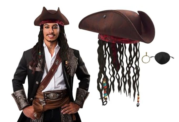 Nicky Bigs Novelties Adults Pirate Hat with Dreadlocks Hair Braids Eye Patch & Earring Premium Caribbean Buccaneer Tricorn Hat Pirate Costume Accessories Set For Men Adjustable Size Brown - Image 4