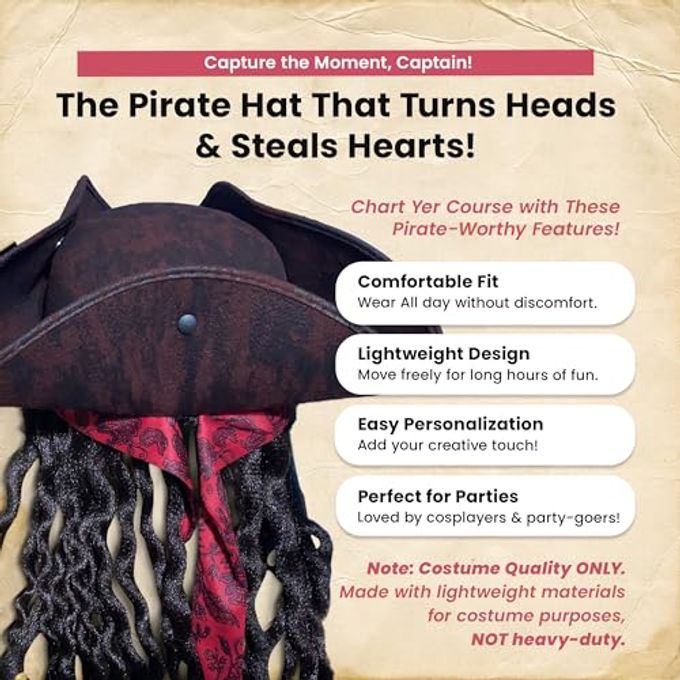 Nicky Bigs Novelties Adults Pirate Hat with Dreadlocks Hair Braids Eye Patch & Earring Premium Caribbean Buccaneer Tricorn Hat Pirate Costume Accessories Set For Men Adjustable Size Brown - Image 2