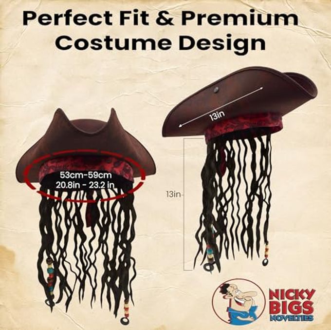 Nicky Bigs Novelties Adults Pirate Hat with Dreadlocks Hair Braids Eye Patch & Earring Premium Caribbean Buccaneer Tricorn Hat Pirate Costume Accessories Set For Men Adjustable Size Brown - Image 3