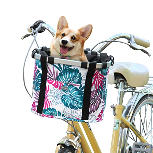 RAYMACE Bicycle Basket Dog Bike Handlebar Basket Front,Folding Detachable Quick Release Easy Install,Cycling Picnic Bag (Pink Palm Leaf) - Image 1