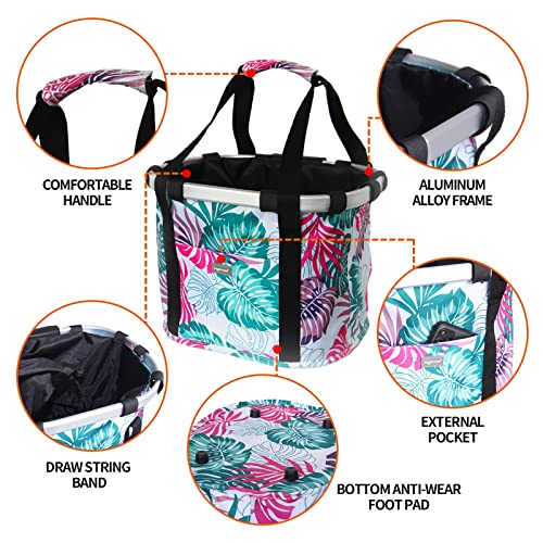 RAYMACE Bicycle Basket Dog Bike Handlebar Basket Front,Folding Detachable Quick Release Easy Install,Cycling Picnic Bag (Pink Palm Leaf) - Image 5