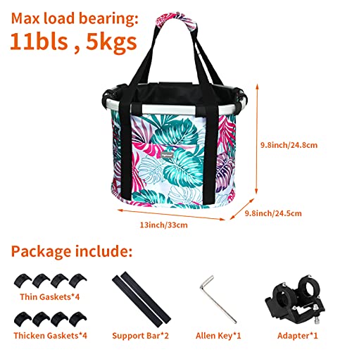 RAYMACE Bicycle Basket Dog Bike Handlebar Basket Front,Folding Detachable Quick Release Easy Install,Cycling Picnic Bag (Pink Palm Leaf) - Image 4