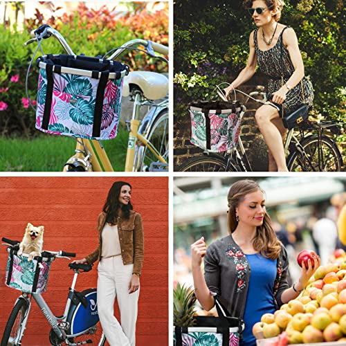 RAYMACE Bicycle Basket Dog Bike Handlebar Basket Front,Folding Detachable Quick Release Easy Install,Cycling Picnic Bag (Pink Palm Leaf) - Image 3