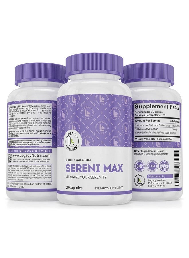 LegacyNutra SERINI-MAX - 5-HTP Mood Support Supplement + Calcium - Supports Calm & Peaceful State of Mind - Boost Serotonin, 5HTP 200mg for Stress Management & Sleep Support Supplements - 60 Capsules - Image 1