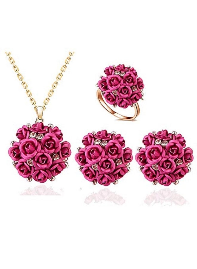 يو بيلا مجموعة مجوهرات YouBella Jewellery الأنيقة المطلية بالذهب والمزينة بالزهور مع أقراط وخاتم للنساء والفتيات (وردي) - Image 1