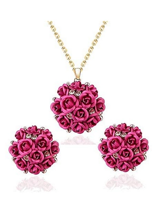 يو بيلا مجموعة مجوهرات YouBella Jewellery الأنيقة المطلية بالذهب والمزينة بالزهور مع أقراط وخاتم للنساء والفتيات (وردي) - Image 3