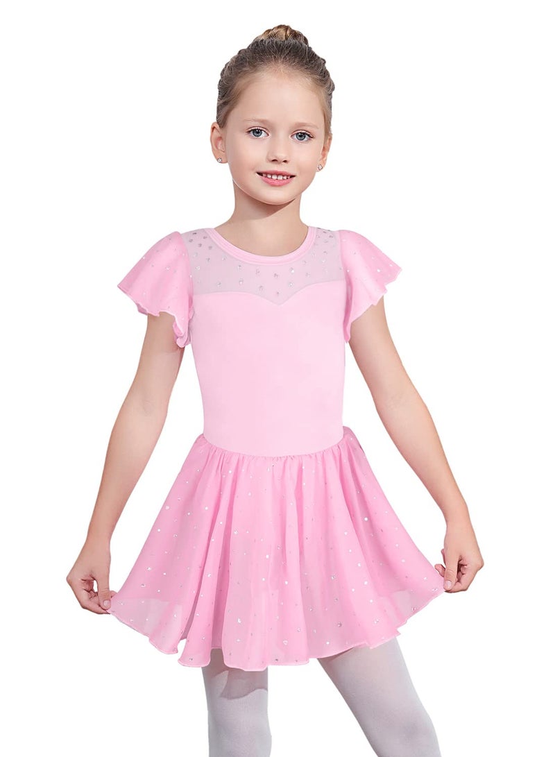 EQSJIU Pink Kids Leotards Gymnastics Toddler Shiny Skirt and Sleeves Dance Leotards Criss-Cross Back Design 7-8 Years - Image 2