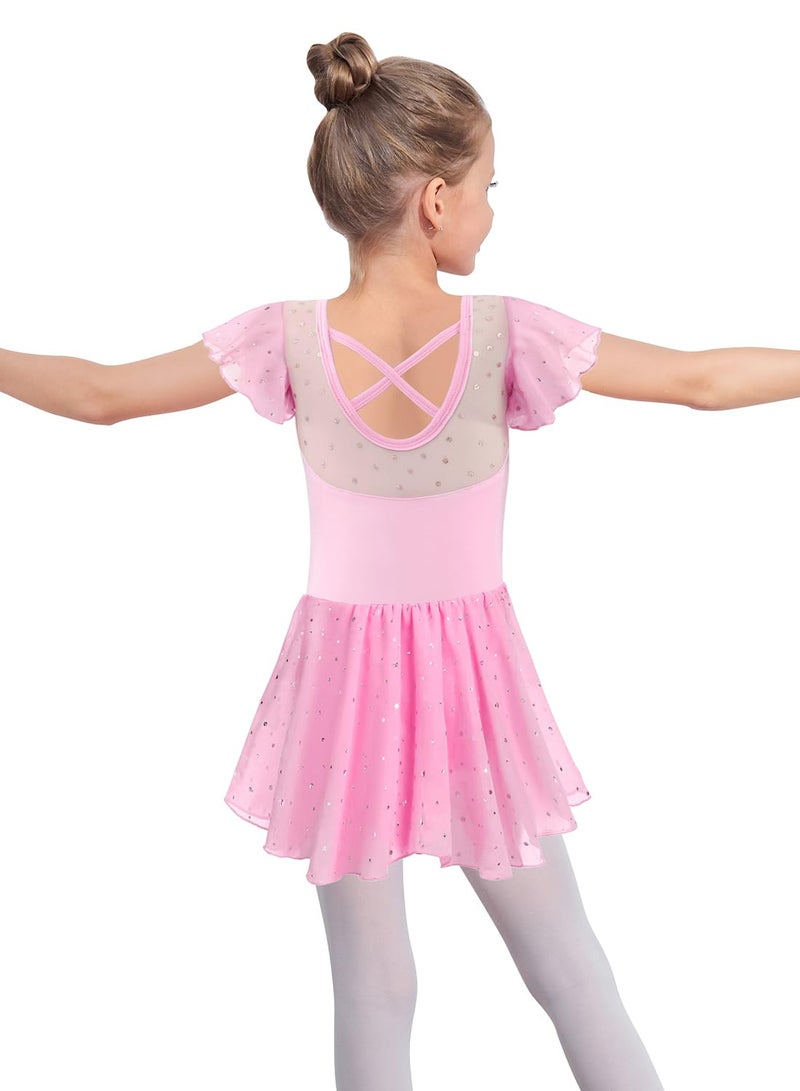 EQSJIU Pink Kids Leotards Gymnastics Toddler Shiny Skirt and Sleeves Dance Leotards Criss-Cross Back Design 7-8 Years - Image 4