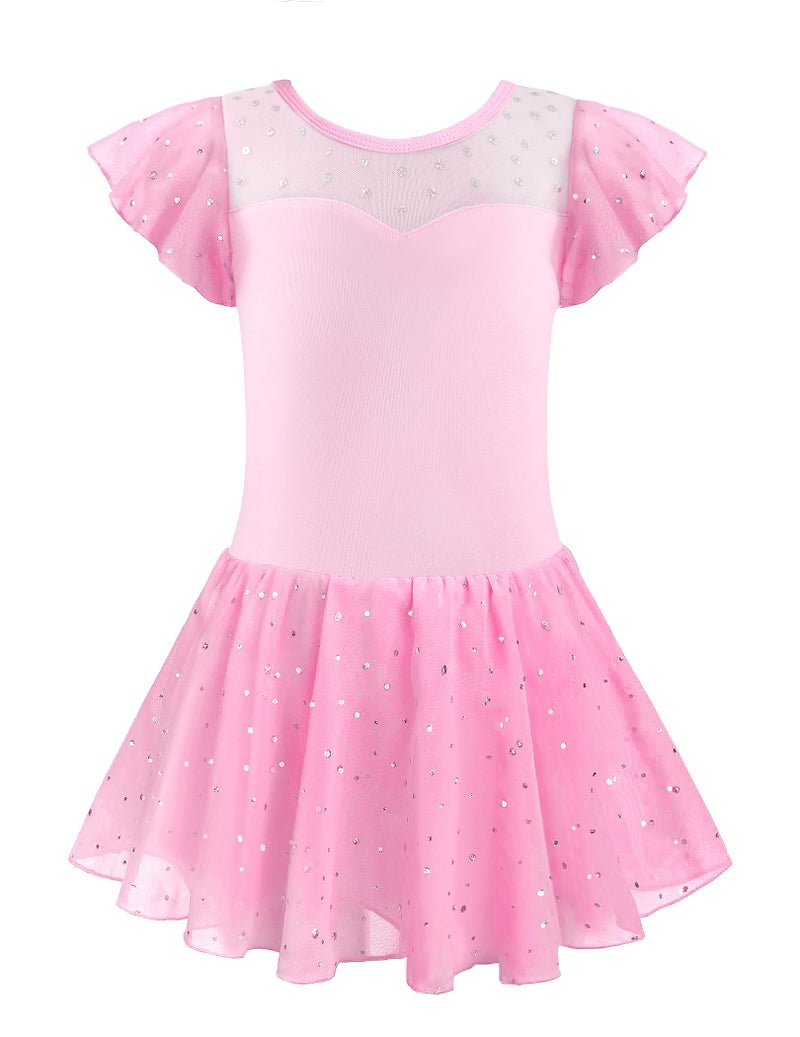 EQSJIU Pink Kids Leotards Gymnastics Toddler Shiny Skirt and Sleeves Dance Leotards Criss-Cross Back Design 7-8 Years - Image 1