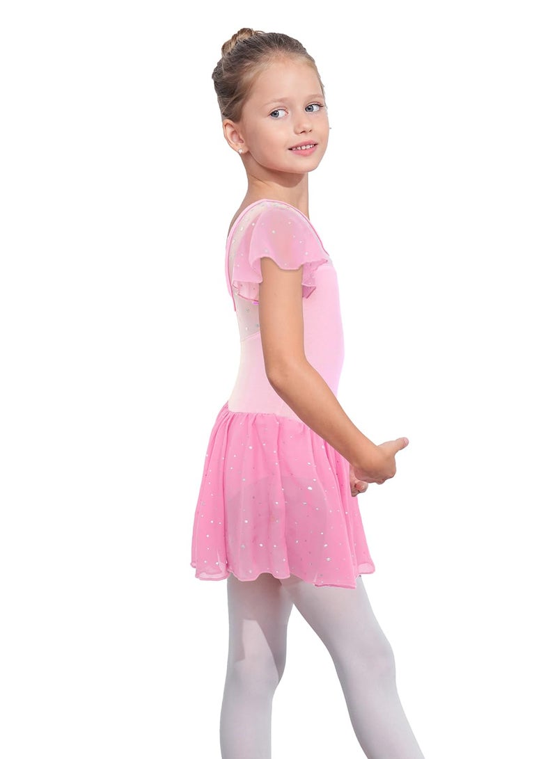 EQSJIU Pink Kids Leotards Gymnastics Toddler Shiny Skirt and Sleeves Dance Leotards Criss-Cross Back Design 7-8 Years - Image 3