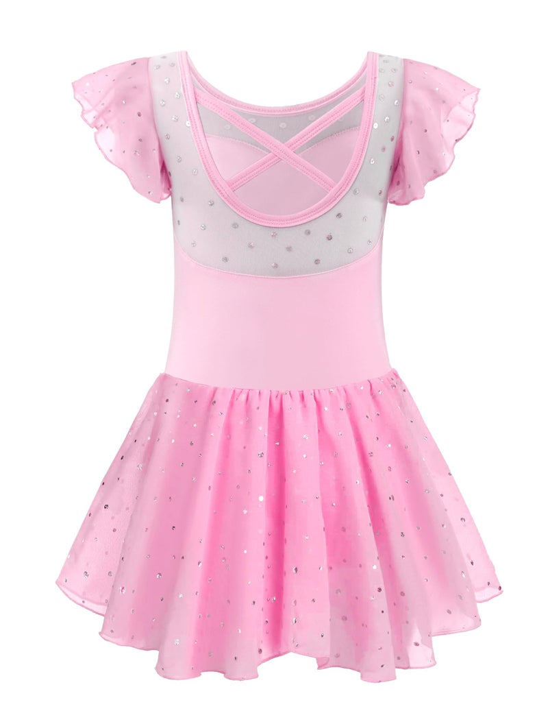 EQSJIU Pink Kids Leotards Gymnastics Toddler Shiny Skirt and Sleeves Dance Leotards Criss-Cross Back Design 7-8 Years - Image 5
