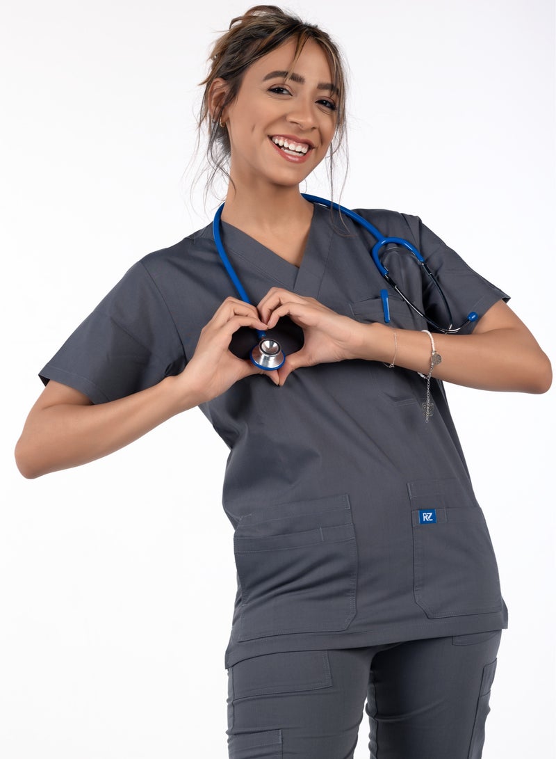 RZ Women's grey medical scrub, made from a high-quality blend of lycra and polyester. It is extremely soft and comfortable, making it ideal for medical environments. It consists of two pieces and provides excellent flexibility for movement throughout the day.  - Image 1