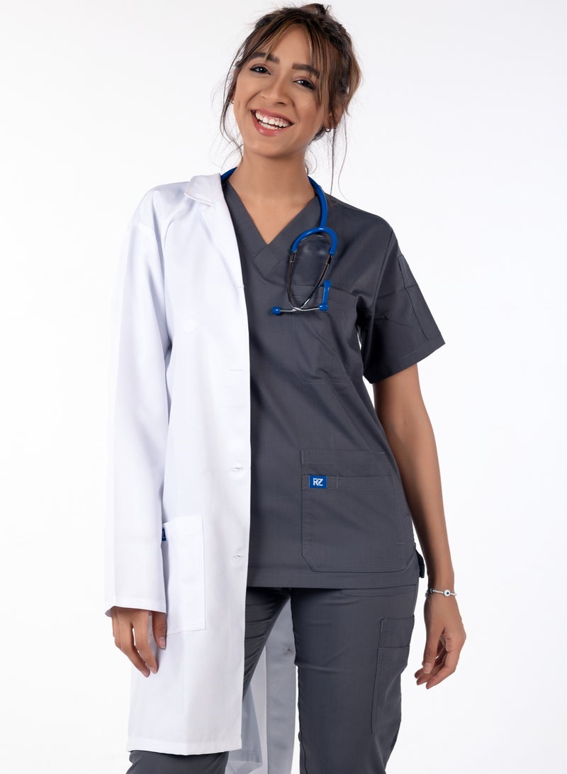RZ Women's grey medical scrub, made from a high-quality blend of lycra and polyester. It is extremely soft and comfortable, making it ideal for medical environments. It consists of two pieces and provides excellent flexibility for movement throughout the day.  - Image 2