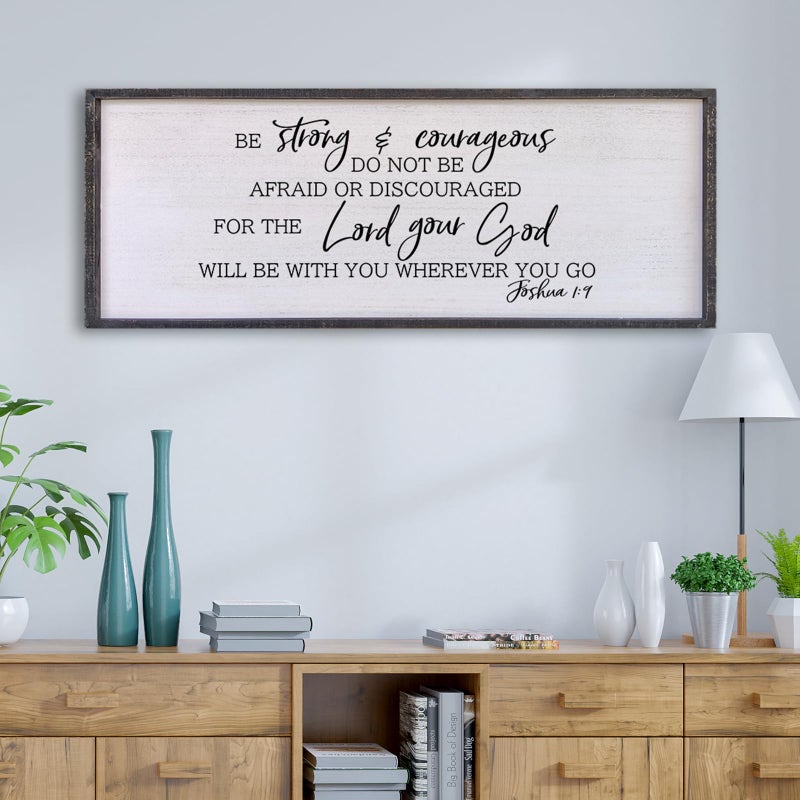 Surfapans Be Strong And Courageous Sign Wall Decor 40x15 Large Farmhouse Living Room Plaque Joshua 19 Bible Verse Inspirational Quote Positive Faith Home Hanging Rustic Catholic Scripture Christian Art Black - Image 2