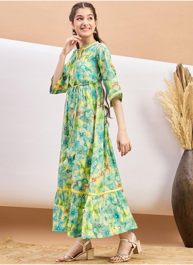 Stylo Bug - Floral Print Tie-Up Neck A-Line Maxi Dress by Styli - Image 1