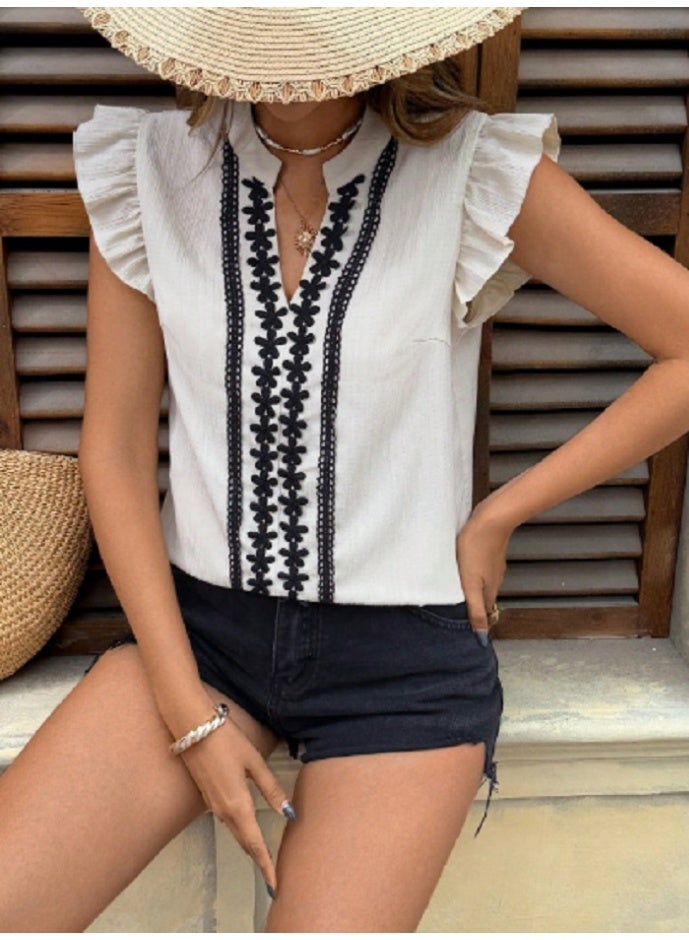 V-Neck Shirt With Two Black Lace Trims On E - Image 1