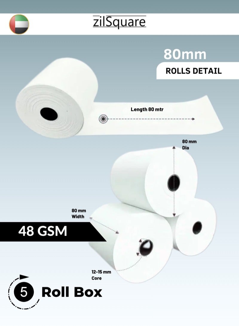 zilSquare Premium Thermal Paper Roll 80mm x 80mm Pack (5rolls) – High Sensitivity POS Receipt Paper Rolls for Billing Machines, Cash Registers & Receipt Printers BPA-Free, Non-Fading, Smooth Printing Thermal Till Roll for Supermarket, Restaurant, Retail & Office Use Xprinter, Epson, Bixolon Compatible - Image 2
