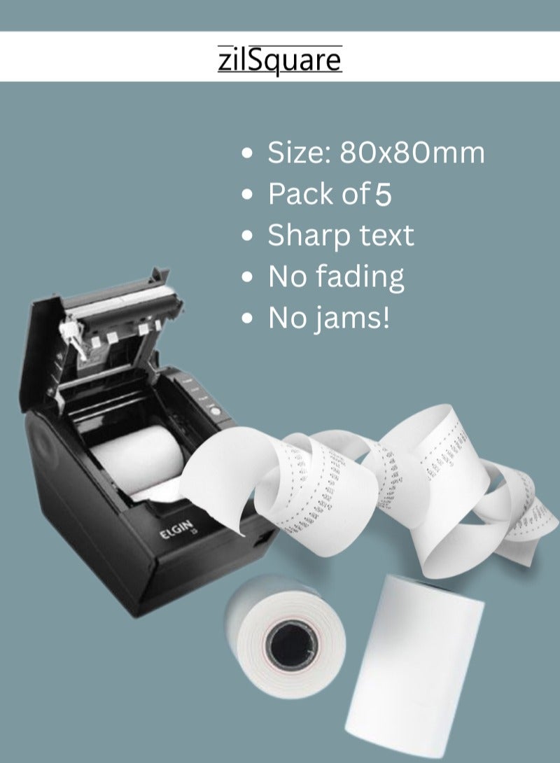 zilSquare Premium Thermal Paper Roll 80mm x 80mm Pack (5rolls) – High Sensitivity POS Receipt Paper Rolls for Billing Machines, Cash Registers & Receipt Printers BPA-Free, Non-Fading, Smooth Printing Thermal Till Roll for Supermarket, Restaurant, Retail & Office Use Xprinter, Epson, Bixolon Compatible - Image 4